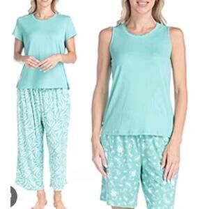 Muk Luks Ribbed Knit & Dream Cloud 4 Piece PJ Set Green Paisley 1X New